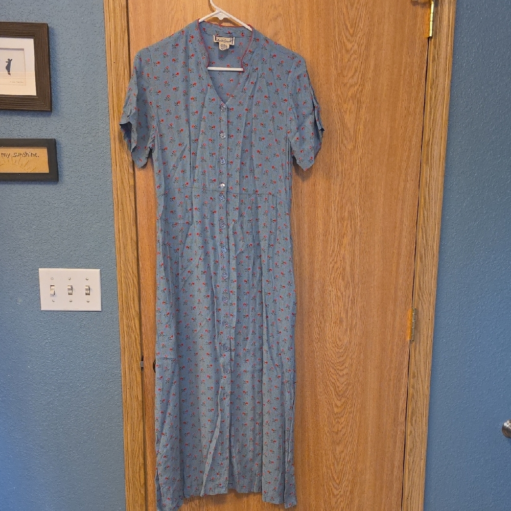 April Cornell Blue Midi Dress with Red Floral Print